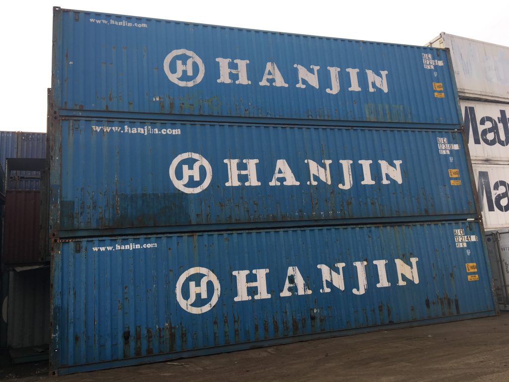 Stacked 40ft Hanjin shipping containers