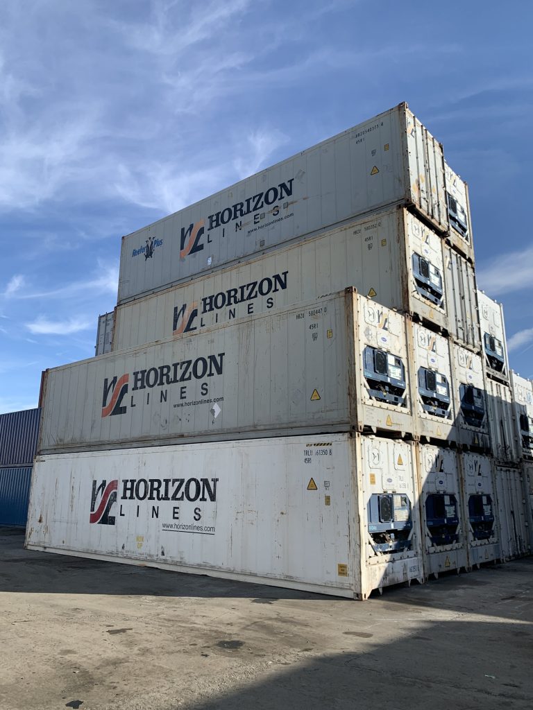 Refrigerated containers stacked at the yard