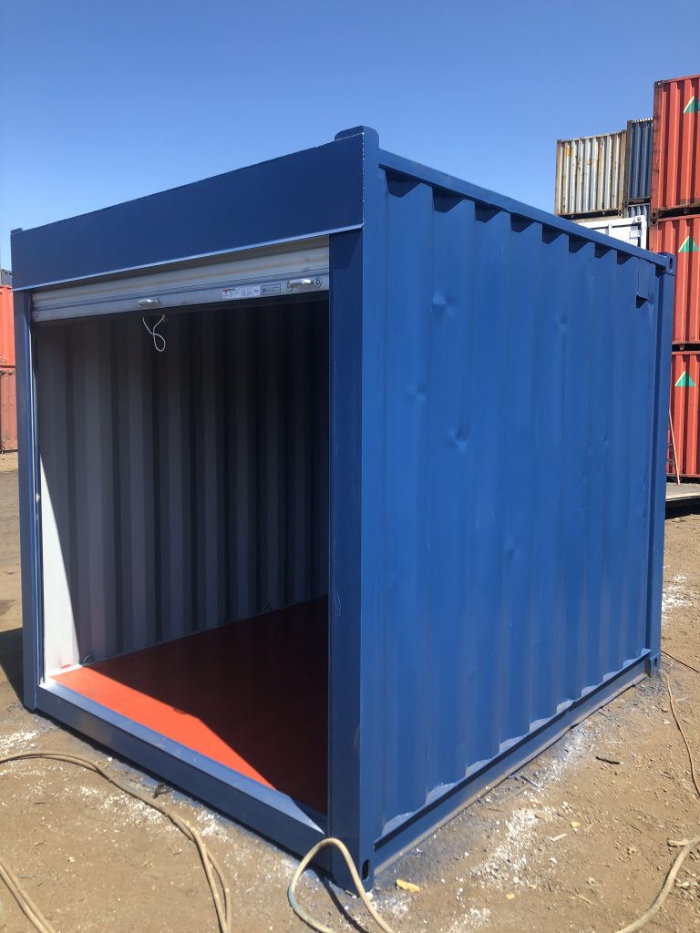 Blue 10ft container with a roll-up door